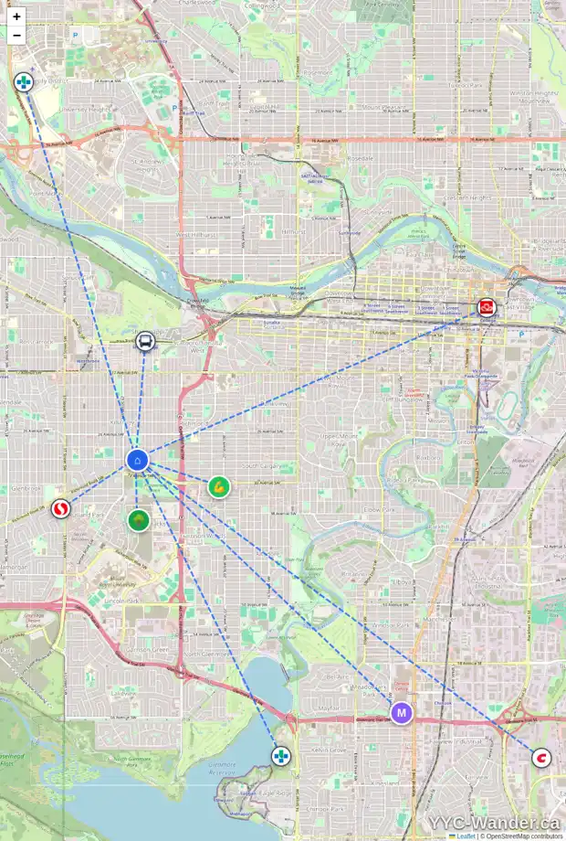 Daily accessibility map for 3041 27 ST SW, Calgary showing nearby schools, grocery stores, parks, LRT stations and nearby amenities