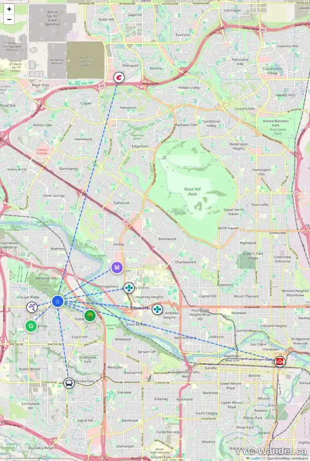 Daily accessibility map for 68 COULEE WY SW, Calgary showing nearby schools, grocery stores, parks, LRT stations and nearby amenities