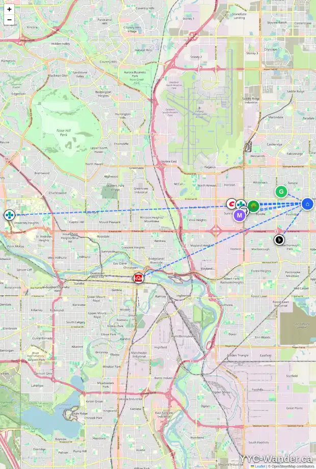 Daily accessibility map for 119 PINECLIFF WY NE, Calgary showing nearby schools, grocery stores, parks, LRT stations and nearby amenities