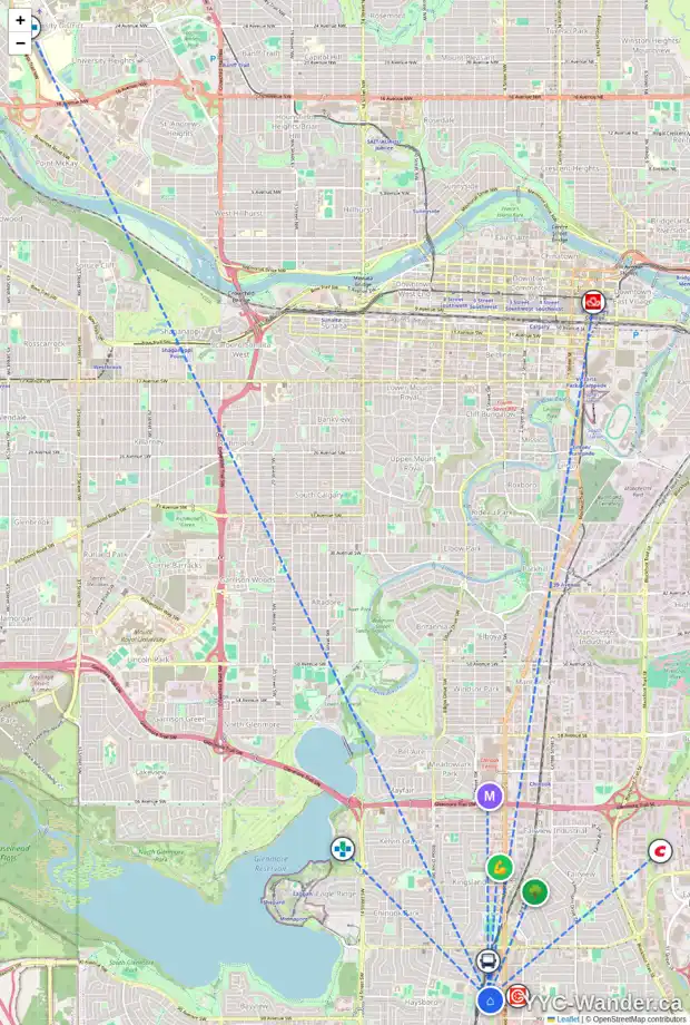 Daily accessibility map for 407 8880 HORTON RD SW, Calgary showing nearby schools, grocery stores, parks, LRT stations and nearby amenities