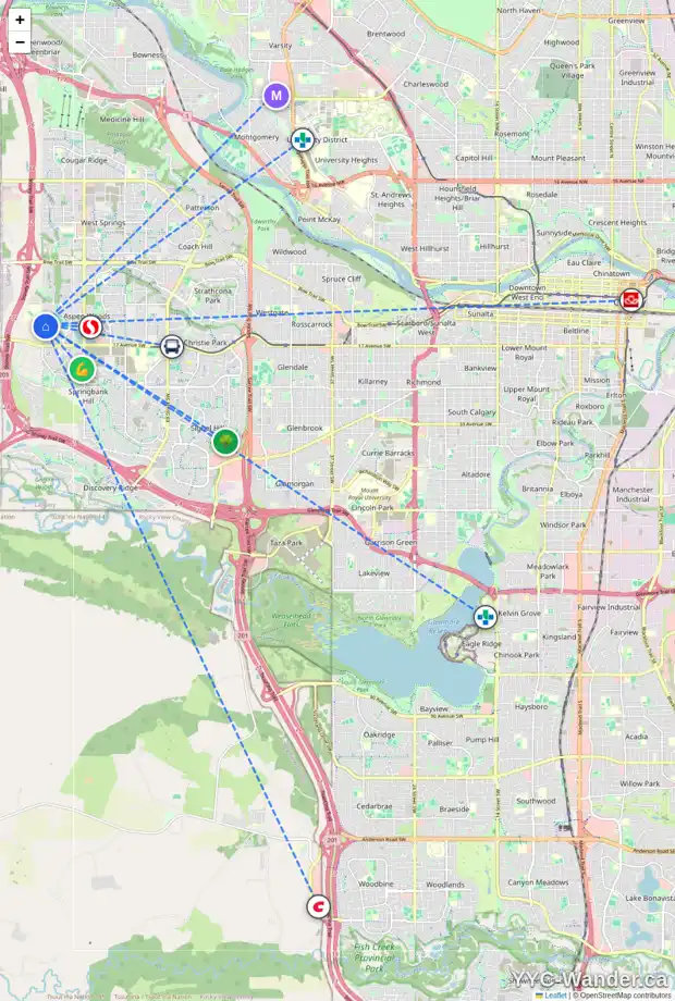 Daily accessibility map for 1578 93 ST SW, Calgary showing nearby schools, grocery stores, parks, LRT stations and nearby amenities
