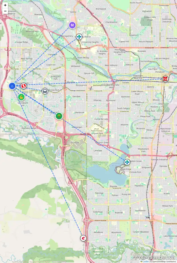 Daily accessibility map for 10 ASPEN HILLS TC SW, Calgary showing nearby schools, grocery stores, parks, LRT stations and nearby amenities
