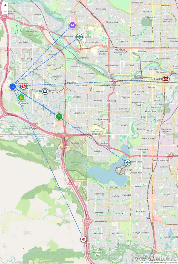Daily accessibility map for 41 ASPEN HILLS TC SW, Calgary showing nearby schools, grocery stores, parks, LRT stations and nearby amenities