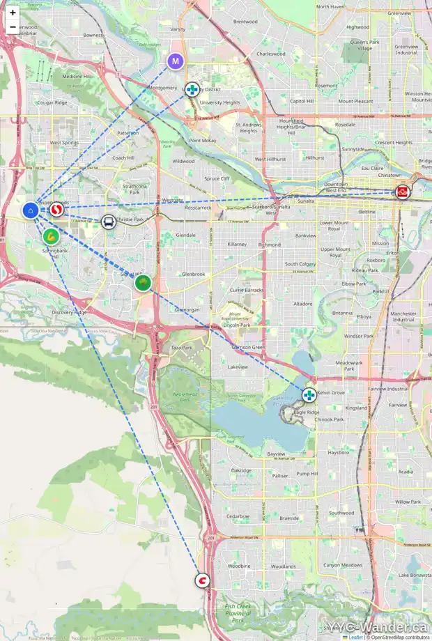 Daily accessibility map for 45 ASPEN HILLS TC SW, Calgary showing nearby schools, grocery stores, parks, LRT stations and nearby amenities
