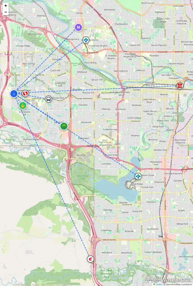 Daily accessibility map for 71 ASPEN HILLS TC SW, Calgary showing nearby schools, grocery stores, parks, LRT stations and nearby amenities