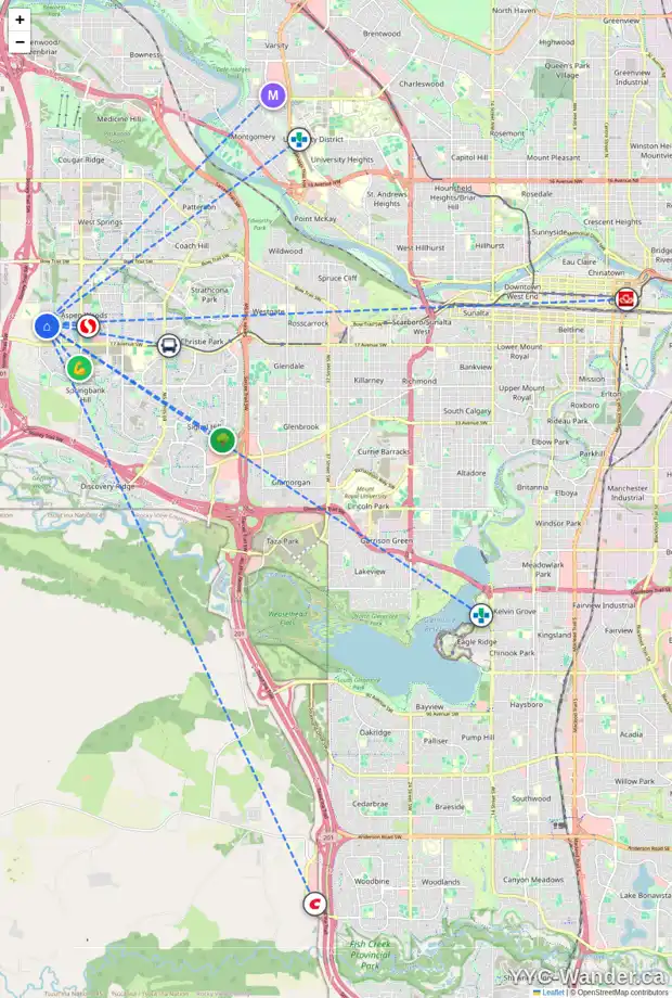 Daily accessibility map for 79 ASPEN HILLS TC SW, Calgary showing nearby schools, grocery stores, parks, LRT stations and nearby amenities