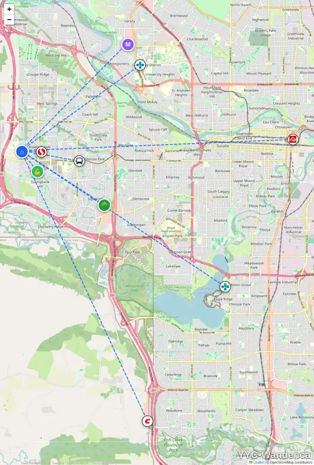 Daily accessibility map for 87 ASPEN HILLS TC SW, Calgary showing nearby schools, grocery stores, parks, LRT stations and nearby amenities