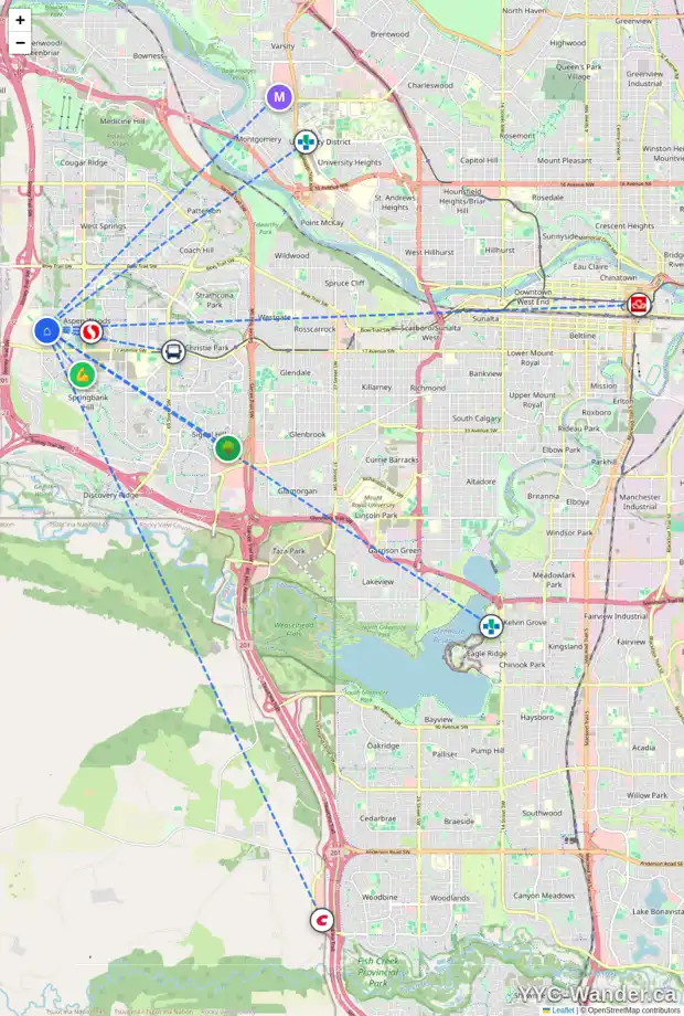 Daily accessibility map for 99 ASPEN HILLS TC SW, Calgary showing nearby schools, grocery stores, parks, LRT stations and nearby amenities