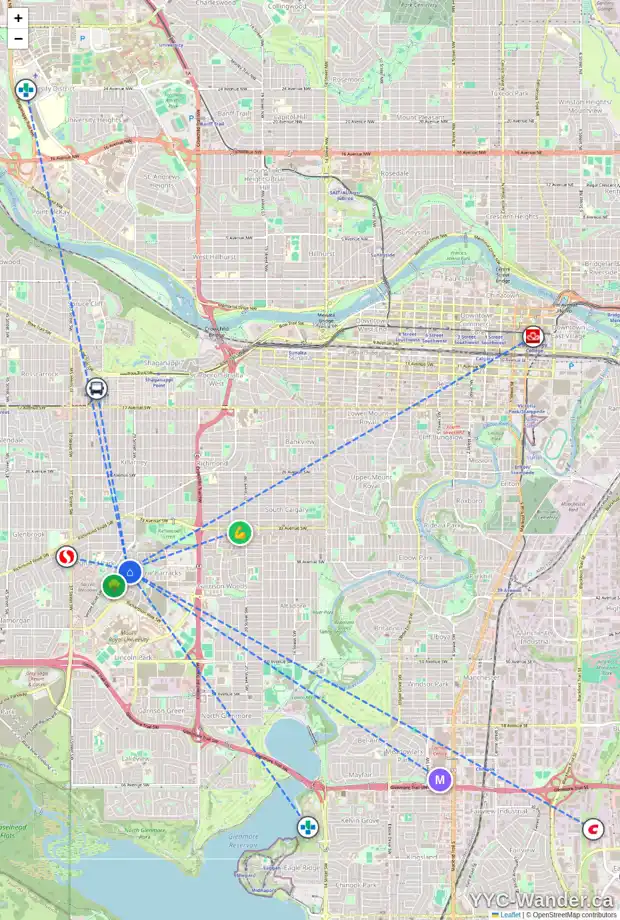 Daily accessibility map for 25 MARY DOVER DR SW, Calgary showing nearby schools, grocery stores, parks, LRT stations and nearby amenities