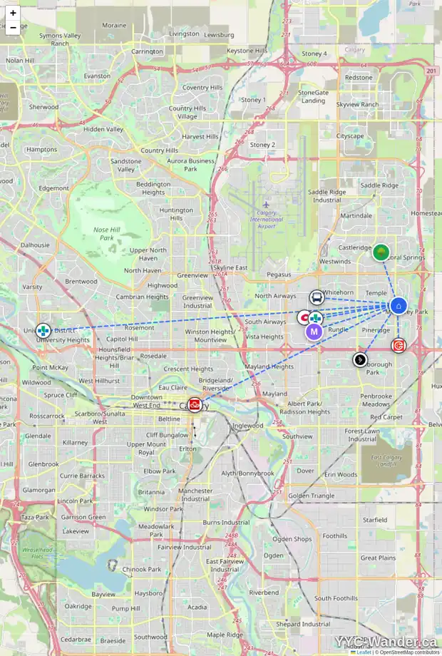 Daily accessibility map for 6934 LAGUNA WY NE, Calgary showing nearby schools, grocery stores, parks, LRT stations and nearby amenities