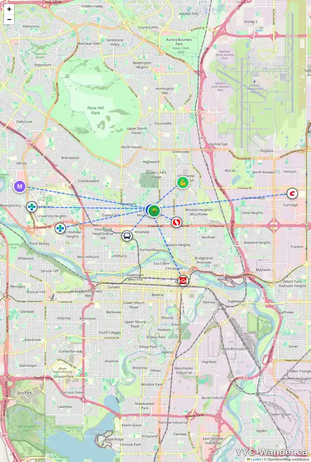 Daily accessibility map for 710 23 AV NW, Calgary showing nearby schools, grocery stores, parks, LRT stations and nearby amenities