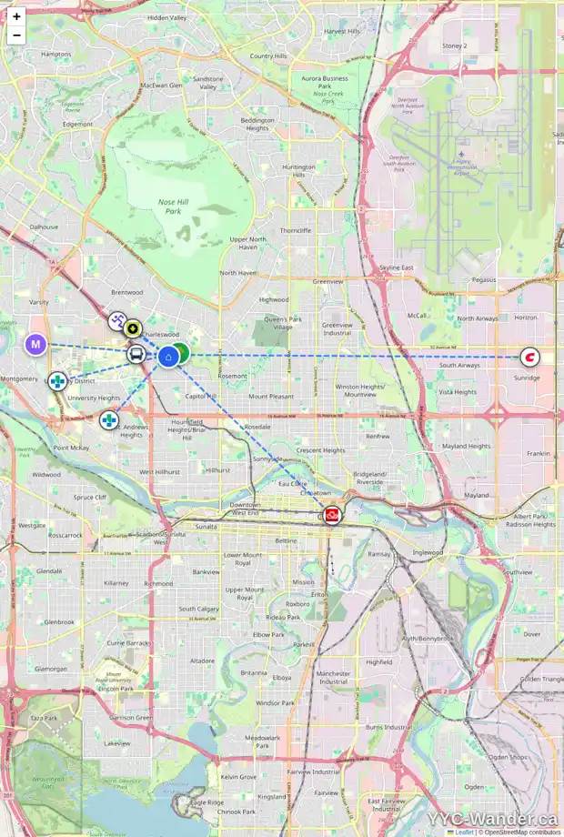 Daily accessibility map for 2833 CANMORE RD NW, Calgary showing nearby schools, grocery stores, parks, LRT stations and nearby amenities