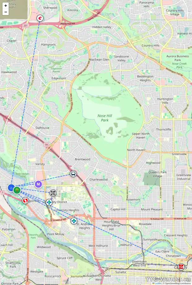Daily accessibility map for 4 6222 31 AV NW, Calgary showing nearby schools, grocery stores, parks, LRT stations and nearby amenities
