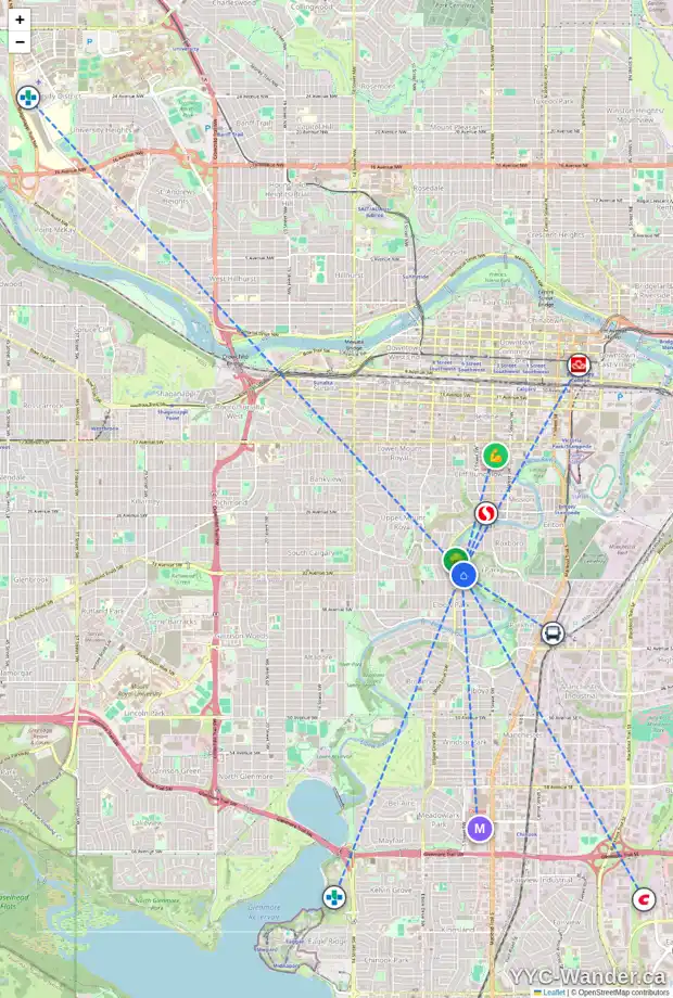 Daily accessibility map for 926 RIDEAU RD SW, Calgary showing nearby schools, grocery stores, parks, LRT stations and nearby amenities