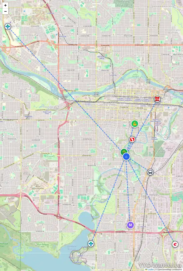 Daily accessibility map for 930 RIDEAU RD SW, Calgary showing nearby schools, grocery stores, parks, LRT stations and nearby amenities