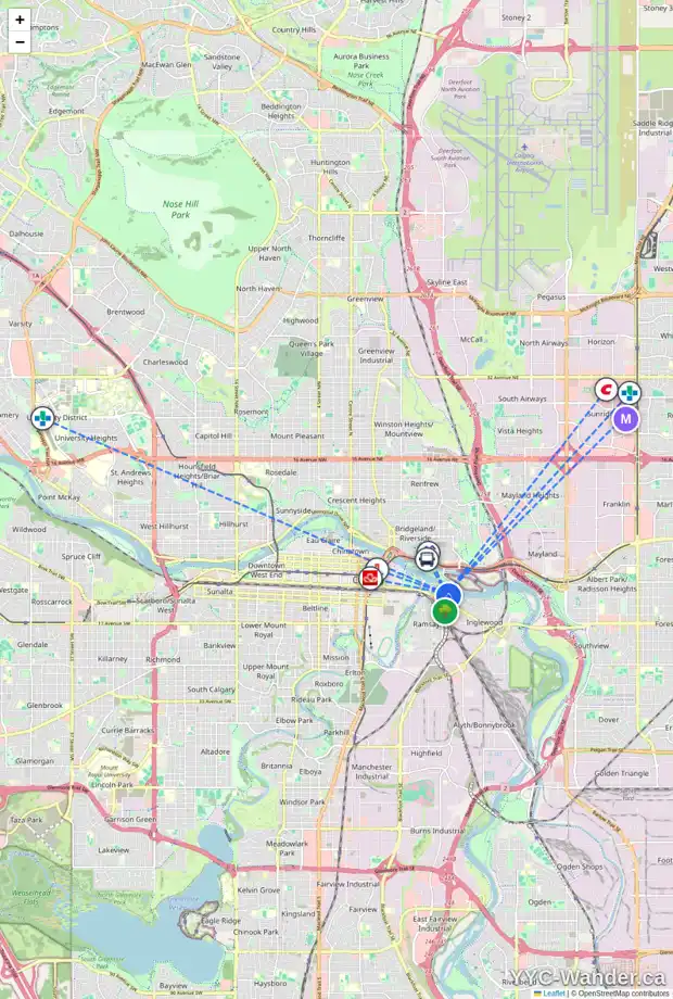 Daily accessibility map for 1208 8 AV SE, Calgary showing nearby schools, grocery stores, parks, LRT stations and nearby amenities