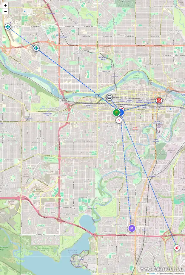 Daily accessibility map for 108 827 12 AV SW, Calgary showing nearby schools, grocery stores, parks, LRT stations and nearby amenities