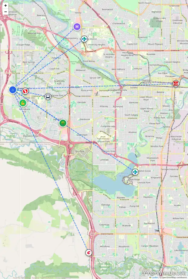 Daily accessibility map for 1552 93 ST SW, Calgary showing nearby schools, grocery stores, parks, LRT stations and nearby amenities