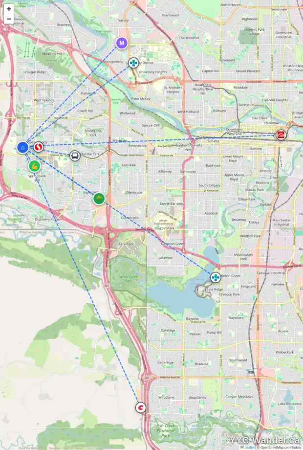 Daily accessibility map for 57 ASPEN HILLS DR SW, Calgary showing nearby schools, grocery stores, parks, LRT stations and nearby amenities