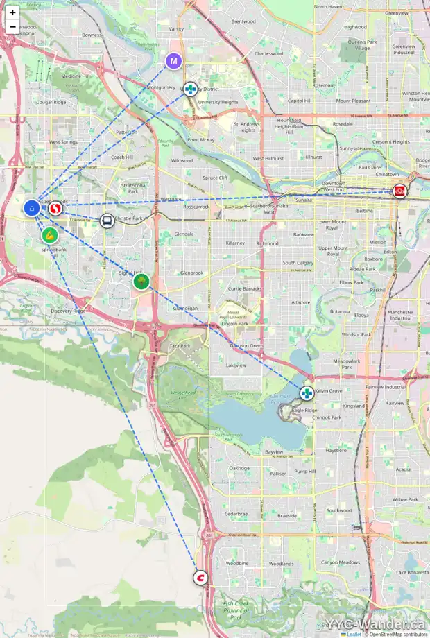 Daily accessibility map for 75 ASPEN HILLS DR SW, Calgary showing nearby schools, grocery stores, parks, LRT stations and nearby amenities