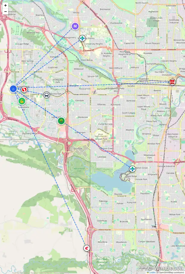 Daily accessibility map for 103 ASPEN HILLS DR SW, Calgary showing nearby schools, grocery stores, parks, LRT stations and nearby amenities