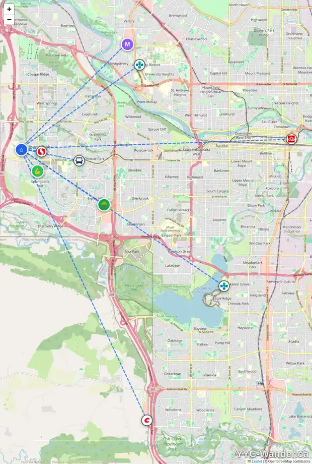 Daily accessibility map for 133 ASPEN HILLS DR SW, Calgary showing nearby schools, grocery stores, parks, LRT stations and nearby amenities