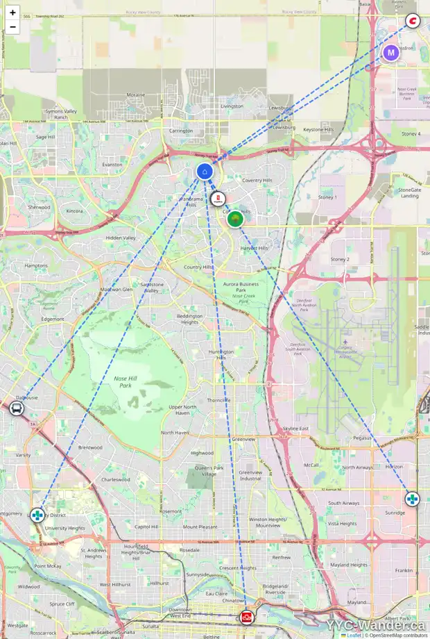 Daily accessibility map for 23 PANATELLA CM NW, Calgary showing nearby schools, grocery stores, parks, LRT stations and nearby amenities