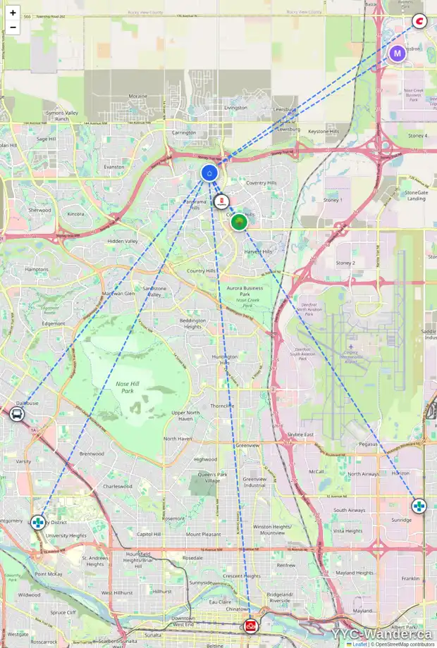 Daily accessibility map for 40 PANATELLA CM NW, Calgary showing nearby schools, grocery stores, parks, LRT stations and nearby amenities