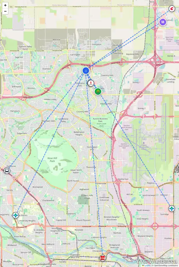 Daily accessibility map for 64 PANATELLA CM NW, Calgary showing nearby schools, grocery stores, parks, LRT stations and nearby amenities