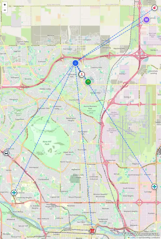Daily accessibility map for 399 PANATELLA SQ NW, Calgary showing nearby schools, grocery stores, parks, LRT stations and nearby amenities