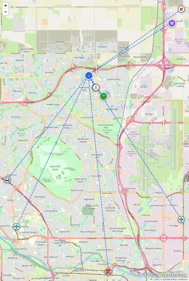 Daily accessibility map for 435 PANATELLA SQ NW, Calgary showing nearby schools, grocery stores, parks, LRT stations and nearby amenities