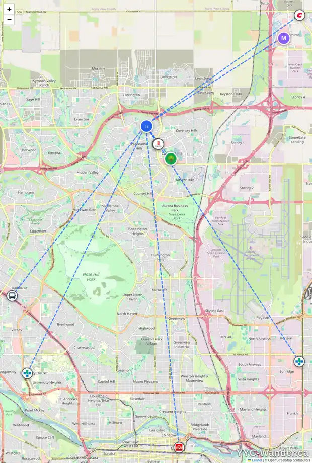 Daily accessibility map for 455 PANATELLA SQ NW, Calgary showing nearby schools, grocery stores, parks, LRT stations and nearby amenities