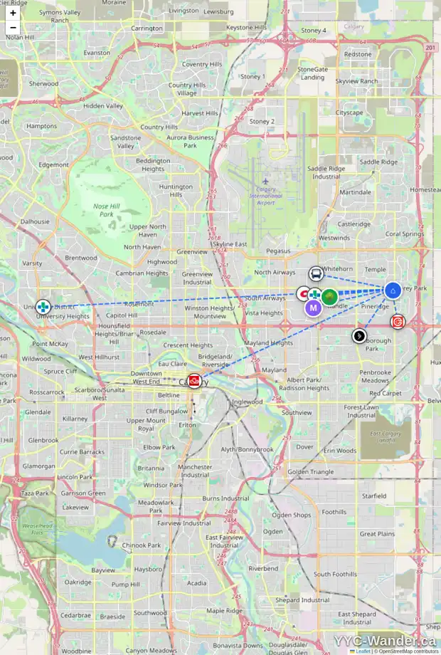 Daily accessibility map for 1051 PINECLIFF DR NE, Calgary showing nearby schools, grocery stores, parks, LRT stations and nearby amenities