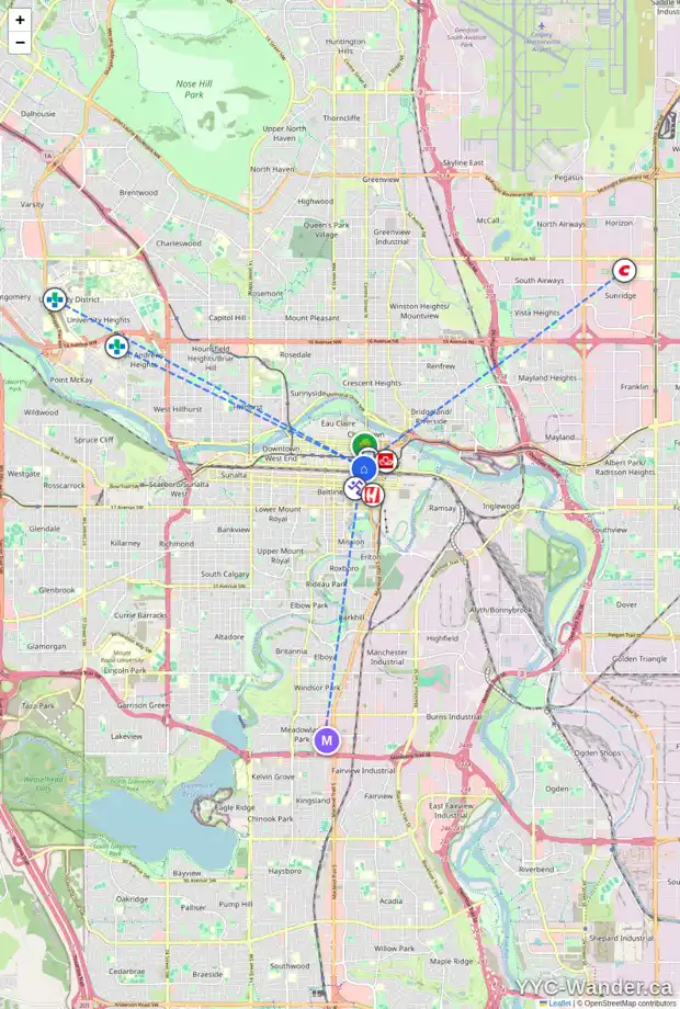 Daily accessibility map for 1503 108 9 AV SW, Calgary showing nearby schools, grocery stores, parks, LRT stations and nearby amenities