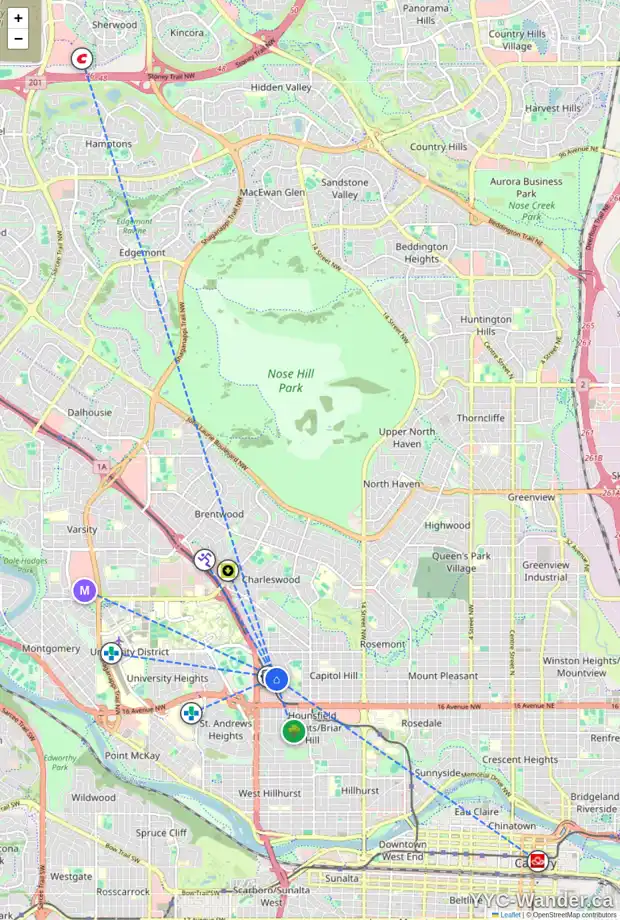 Daily accessibility map for 2339 23 ST NW, Calgary showing nearby schools, grocery stores, parks, LRT stations and nearby amenities