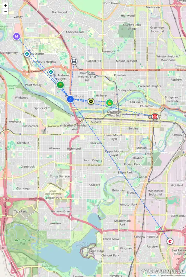 Daily accessibility map for 2509 2 AV NW, Calgary showing nearby schools, grocery stores, parks, LRT stations and nearby amenities