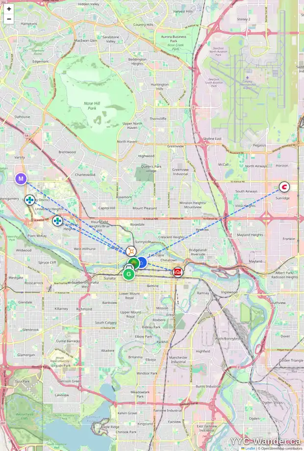 Daily accessibility map for 1404 888 4 AV SW, Calgary showing nearby schools, grocery stores, parks, LRT stations and nearby amenities