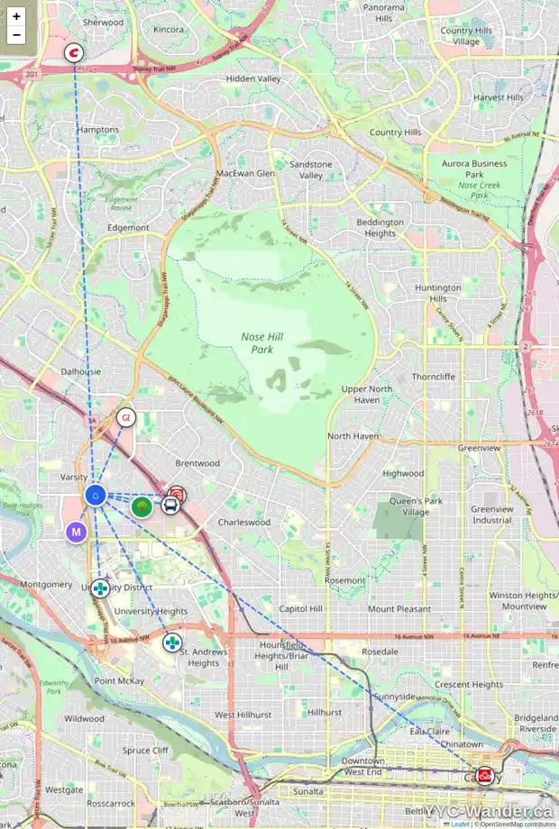 Daily accessibility map for 4226 40 AV NW, Calgary showing nearby schools, grocery stores, parks, LRT stations and nearby amenities