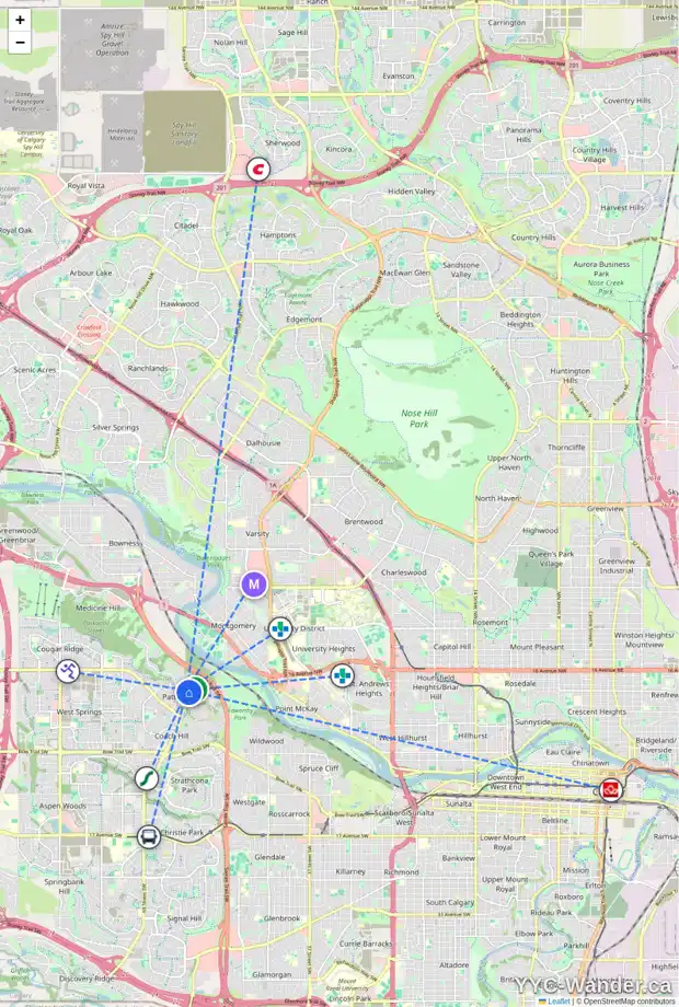 Daily accessibility map for 48 PATTERSON ME SW, Calgary showing nearby schools, grocery stores, parks, LRT stations and nearby amenities