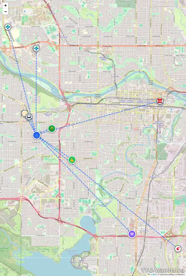 Daily accessibility map for 2402 31 ST SW, Calgary showing nearby schools, grocery stores, parks, LRT stations and nearby amenities