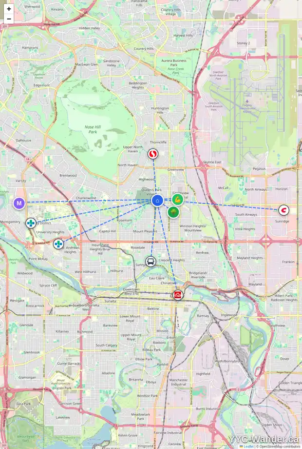Daily accessibility map for 444 34 AV NW, Calgary showing nearby schools, grocery stores, parks, LRT stations and nearby amenities