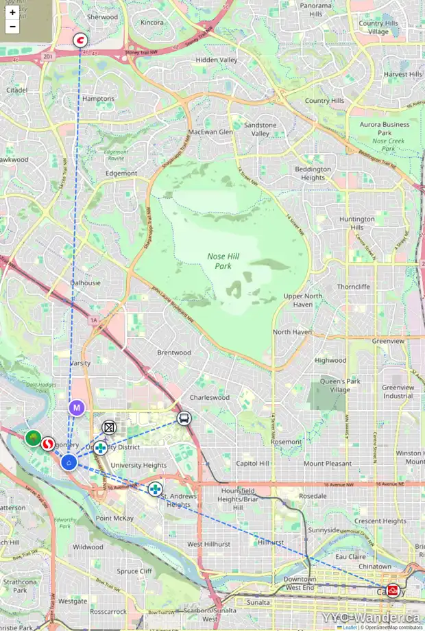 Daily accessibility map for 202 1899 45 ST NW, Calgary showing nearby schools, grocery stores, parks, LRT stations and nearby amenities