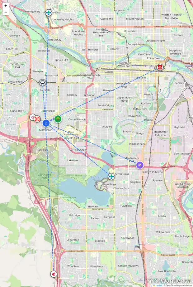 Daily accessibility map for 120 GAINSBOROUGH DR SW, Calgary showing nearby schools, grocery stores, parks, LRT stations and nearby amenities