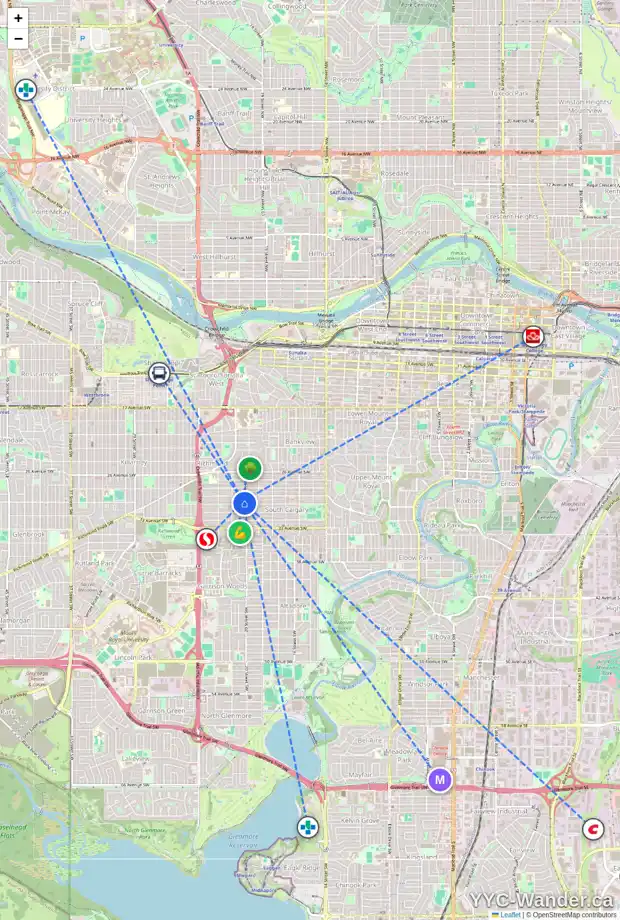 Daily accessibility map for 2110 30 AV SW, Calgary showing nearby schools, grocery stores, parks, LRT stations and nearby amenities