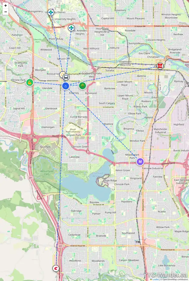 Daily accessibility map for 2019 34 ST SW, Calgary showing nearby schools, grocery stores, parks, LRT stations and nearby amenities