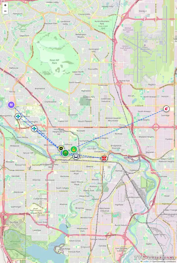 Daily accessibility map for 1801 BROADVIEW RD NW, Calgary showing nearby schools, grocery stores, parks, LRT stations and nearby amenities
