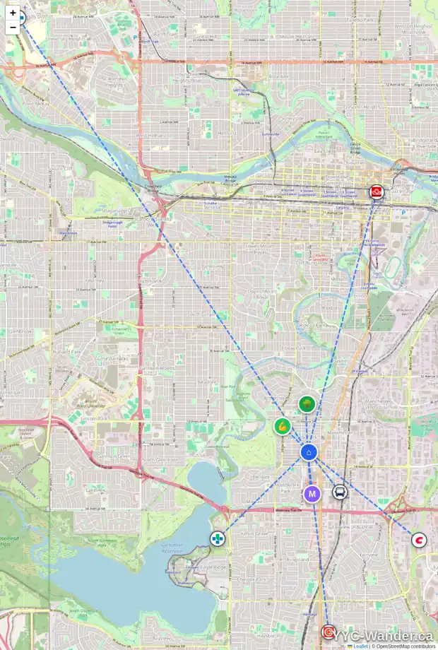Daily accessibility map for 515 55 AV SW, Calgary showing nearby schools, grocery stores, parks, LRT stations and nearby amenities