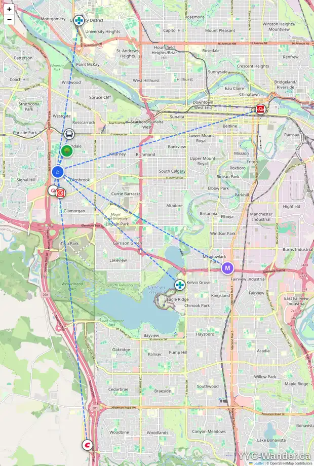 Daily accessibility map for 3116 51 ST SW, Calgary showing nearby schools, grocery stores, parks, LRT stations and nearby amenities