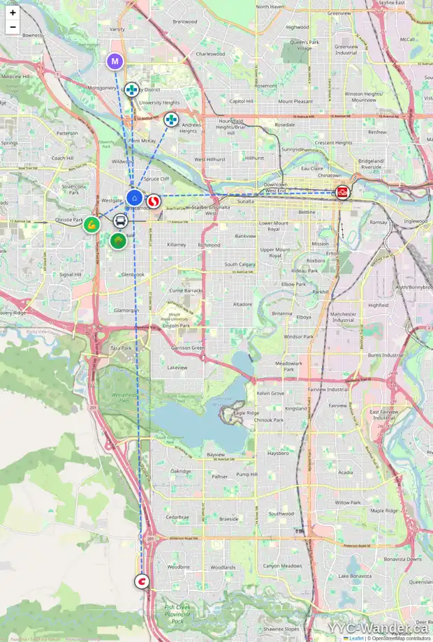 Daily accessibility map for 907 42 ST SW, Calgary showing nearby schools, grocery stores, parks, LRT stations and nearby amenities