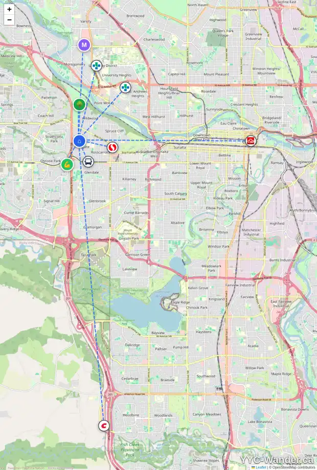 Daily accessibility map for 108 WESTMINSTER DR SW, Calgary showing nearby schools, grocery stores, parks, LRT stations and nearby amenities